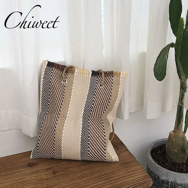 

Women Knitting Striped Panelled Handbags Harajuku Canvas Bucket Bag Girl Student Large Tote Brand Linen Straw Shoulder Strap Bag