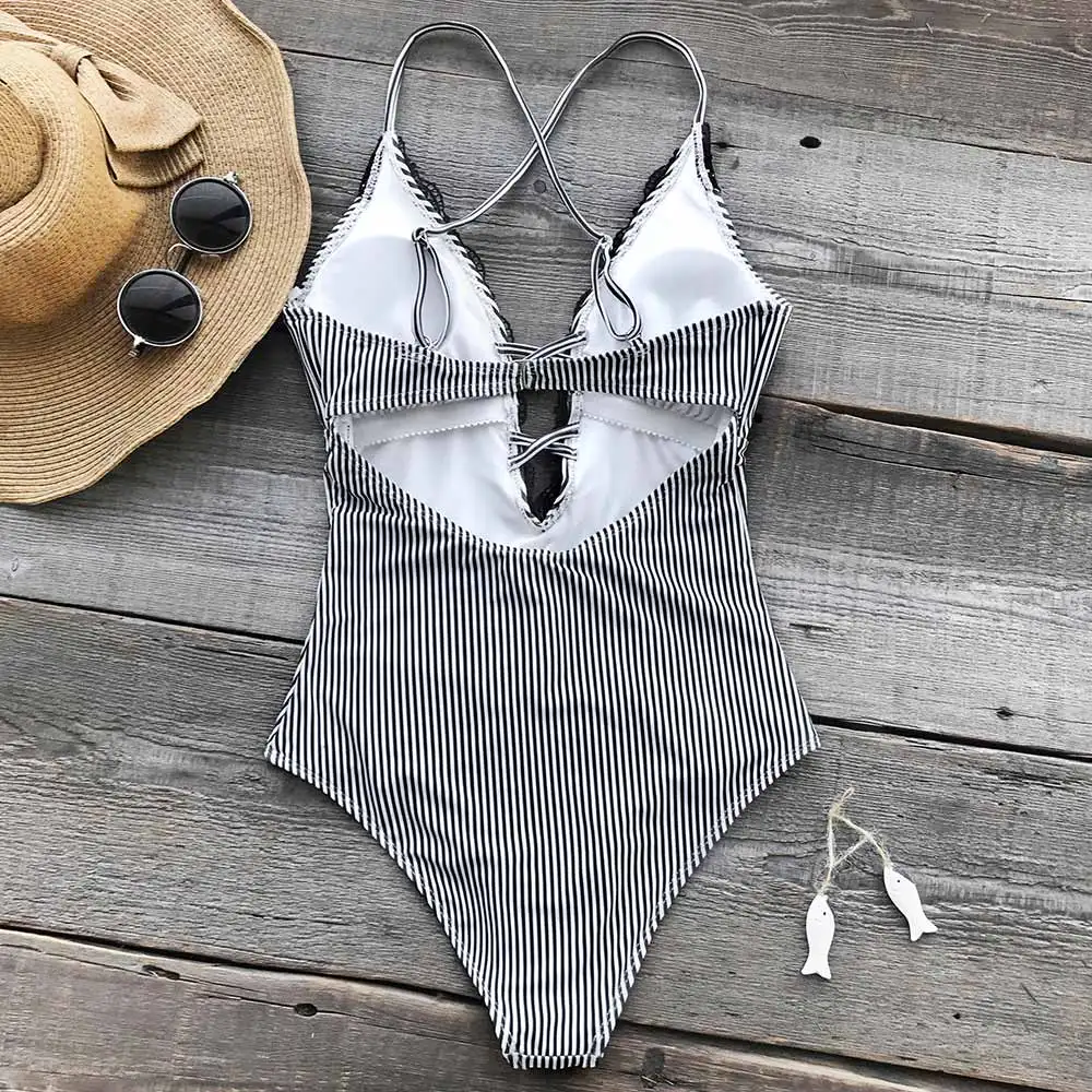 Preise CUPSHE Wünschen Sie Gut Spitze einteiliges Badeanzug Ausschnitt Tiefem v ausschnitt Sexy Body Monokini 2020 Damen Strand Bade anzug Bademode