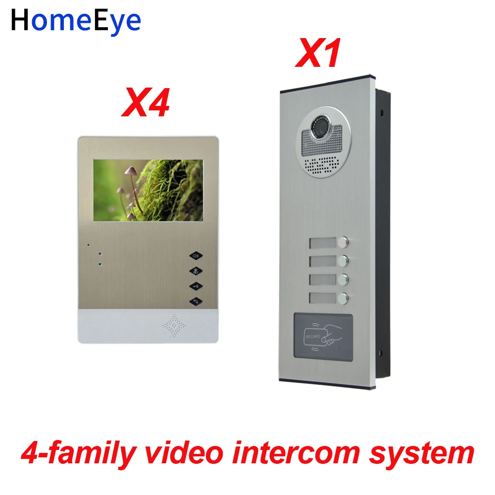 HomeEye 4 Families Door Bell Home Access Control System 4.3'' LTD 4-Wire Multi-family Multi Apartments Video Door Phone Intercom