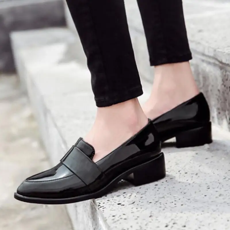 

YEELOCA Fashion Womens Single Shoes Business Versatile Patent Leather Casual Low Heel Pumps Comfortable Loafers Plus Size 35-42