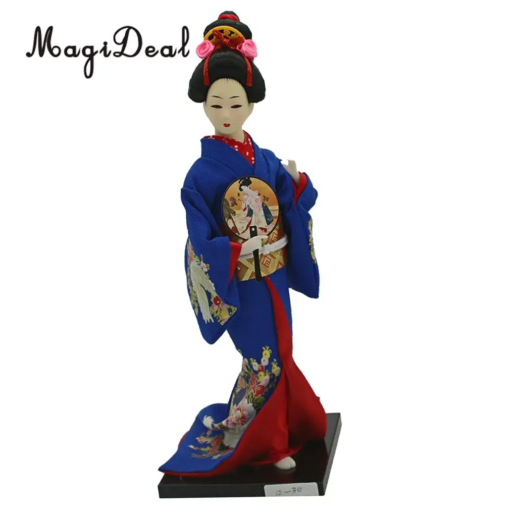 12inch Japanese Kimono Geisha Dolls Kokeshi Crafts Decoration Dark Blue Clothes