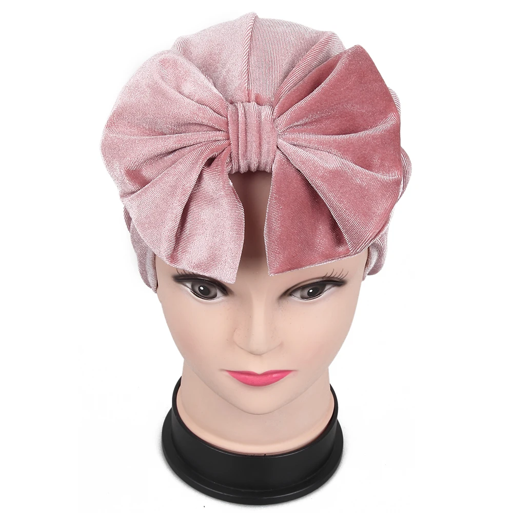

FOXMOTHER 2018 New Fashionable Winter Black Pink Bow Velvet Turban Hats Chemo Caps Muslim Women