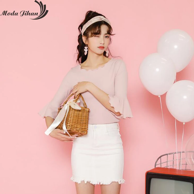 Moda jihan новые женские футболки растягивающиеся ребристые хлопковые футболки с отделкой женские топы Летняя милая вещь шикарные рукава с оборками 3/4