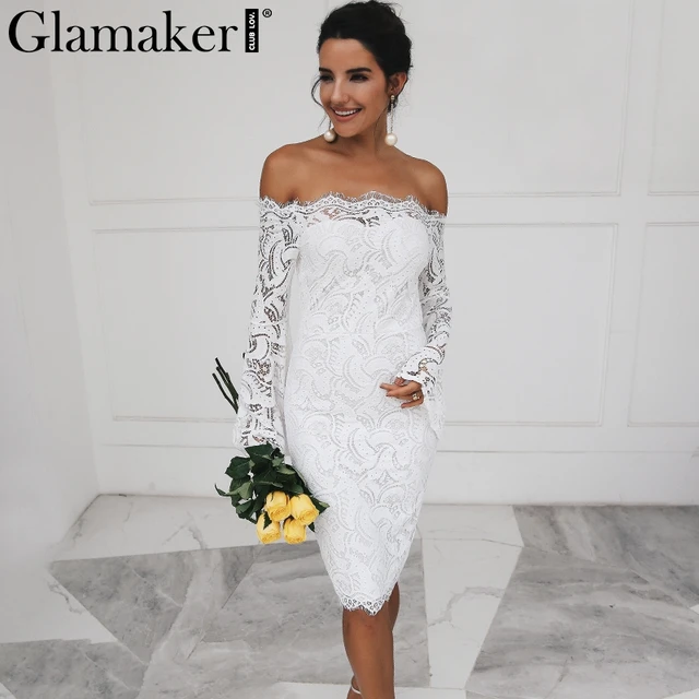 Glamaker Off shoulder lace women dress robe Flare sleeve bodycon summer dress Evening party elegant dress vestido de festa 1