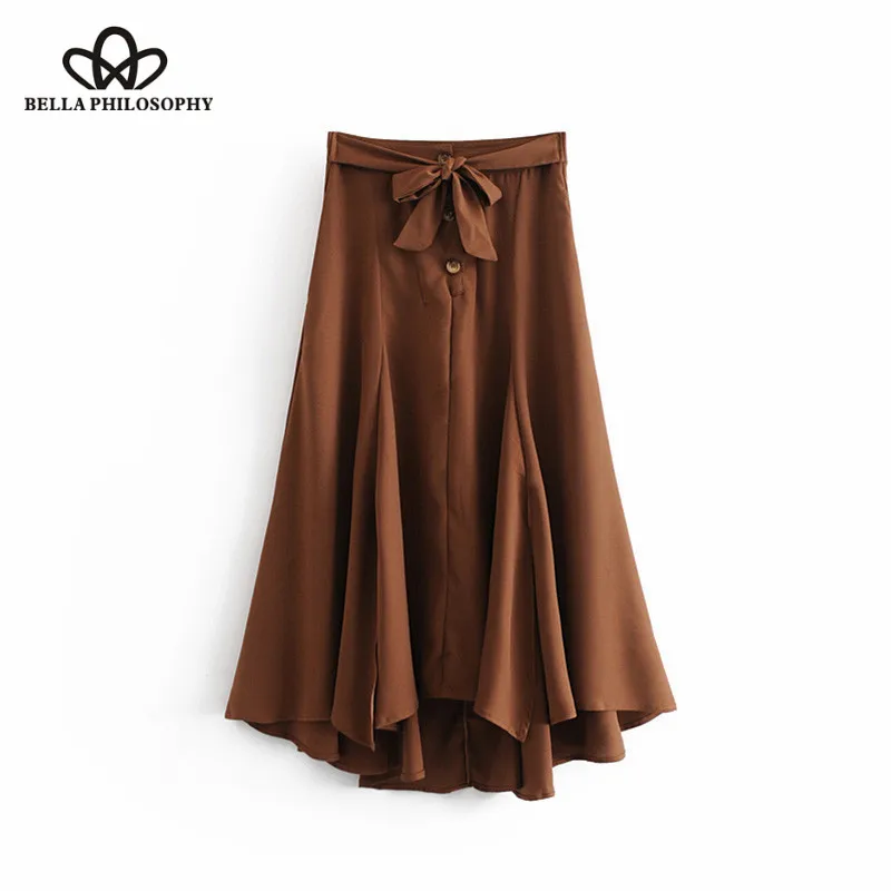 Wonder 2018 new Vintage Flowy Buttons Bow Tied Asymmetric Slit Midi Skirt A Line Pockets Pleated Skirts Casual Faldas Mujer