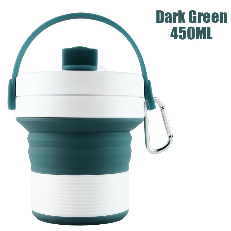 450 мл Складная Силиконовая портативная бутылка для воды телескопическая Питьевая Складная кофейная чашка Складная силиконовая чашка с крышками туристический лагерь - Цвет: Dark Green