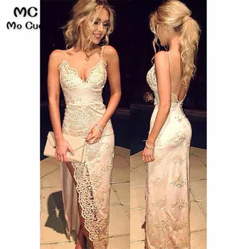

2018 Mermaid Prom Dresses Long with Lace Appliques Vestido Longo V-Neck Spaghetti Straps Formal Evening Party Dress for Women