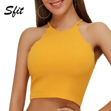 Sfit летний женский жилет без рукавов сплошной Холтер шеи Свободная блузка с отделкой для тренировки укороченный топ для бега Йога Тренировки Спортивный Топ