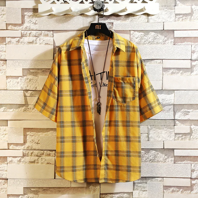 

#0110 Hip Hop Streetwear Shirt Men Half Sleeve Plaid Shirt Half Sleeve Lapel Collar Plus Size 5XL Japanese Style Casual Shirts
