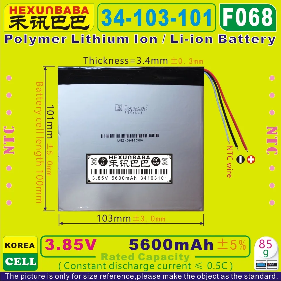 [F068] 3,85 V, 3,7 V 5600 мАч [34103101] NTC; полимерная литий-ионная/литий-ионный аккумулятор для мобильного банка, планшетный ПК, мобильный телефон, Дополнительный внешний аккумулятор