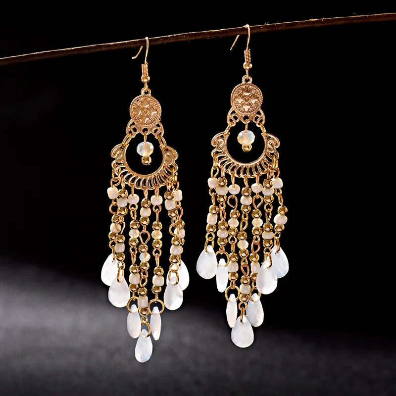 

2019 Women's Trendy Classic White Beads Long Dangle Drop Earrings Bohemian Elegant Pendientes Fashion Wedding Jewelry
