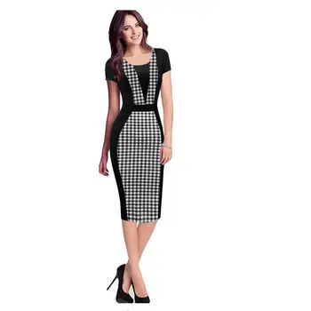 

Black women's Y word hit color O collar high waist printing splicing stretch Slim package hip dress female pencil dress G27