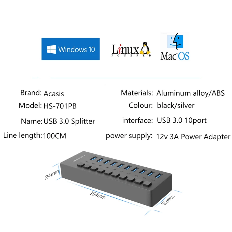 Acasis usb-хаб 3,0 10 портов супер скорость 5 Гбит/с Портативный USB 3,0 концентратор разветвитель с внешним адаптером питания ПК для аксессуаров