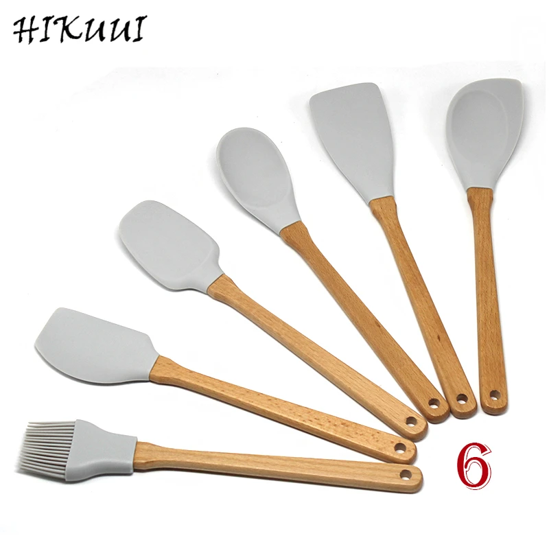 Набор посуды HIKUUI 6 шт. светло серый пищевой силикон деревянная ручка кухонные