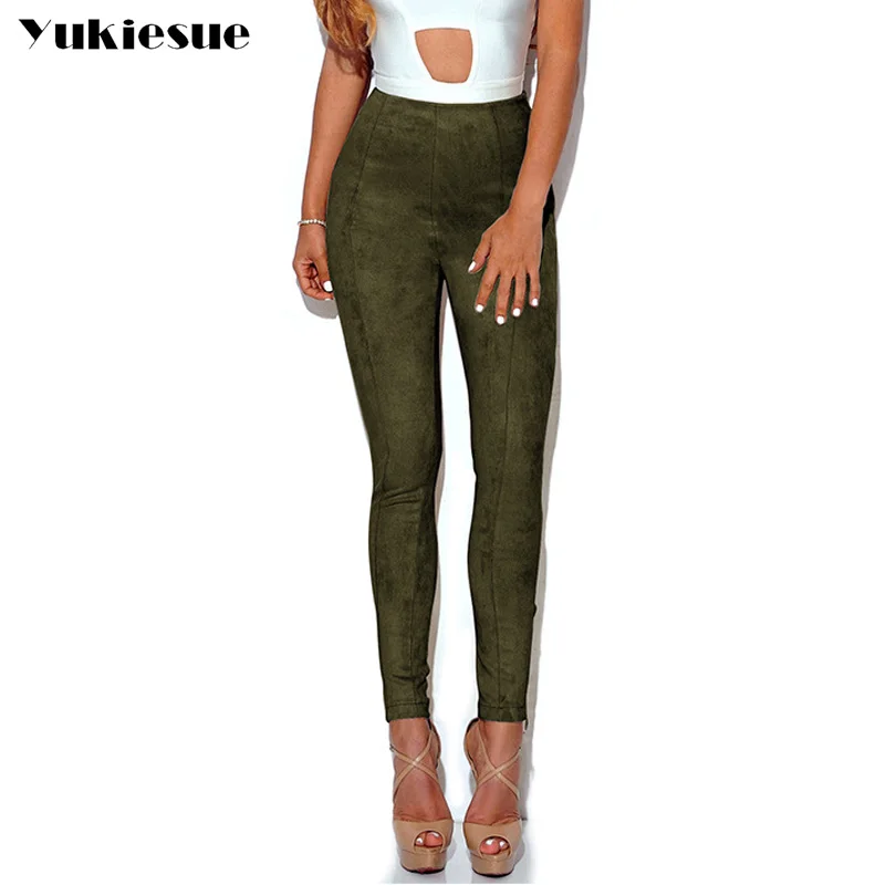 Сексуальные кожаные и замшевые женские брюки, осень, яркие цвета, высокая талия, обтягивающие, тянущиеся, узкие брюки, женские брюки - Цвет: army green