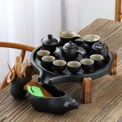 Черный керамический камень мельница чайный лоток бытовой круглый керамический сухой пузырь хранения воды чайный стол офисный чайный набор кунг-фу - Цвет: 04 Style