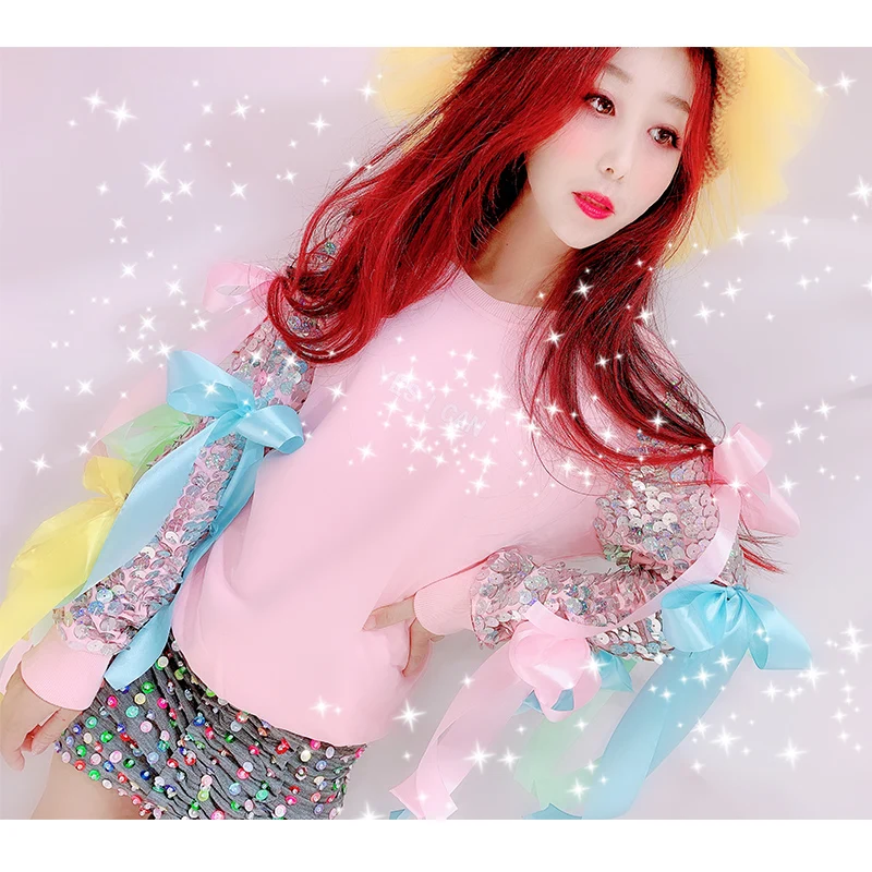 

2019 new spring women thick velert sequins bow sweatshirt women casual solid 0neck pullovers