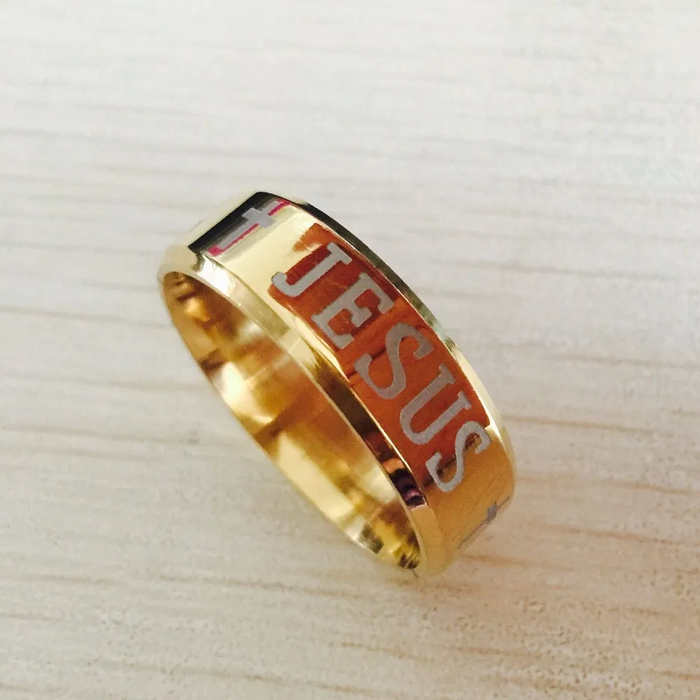 Высокое качество Европейский США вольфрамовое кольцо 8 мм Золотое заполненное кольцо Иисус для мужчин и женщин крест c выгравированными буквами библейские кольца США размер 6-14
