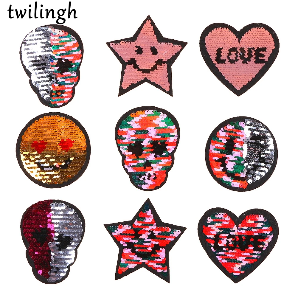 twilingh 1pc Patch Reversible Change Color Sequins Patches Skull Star