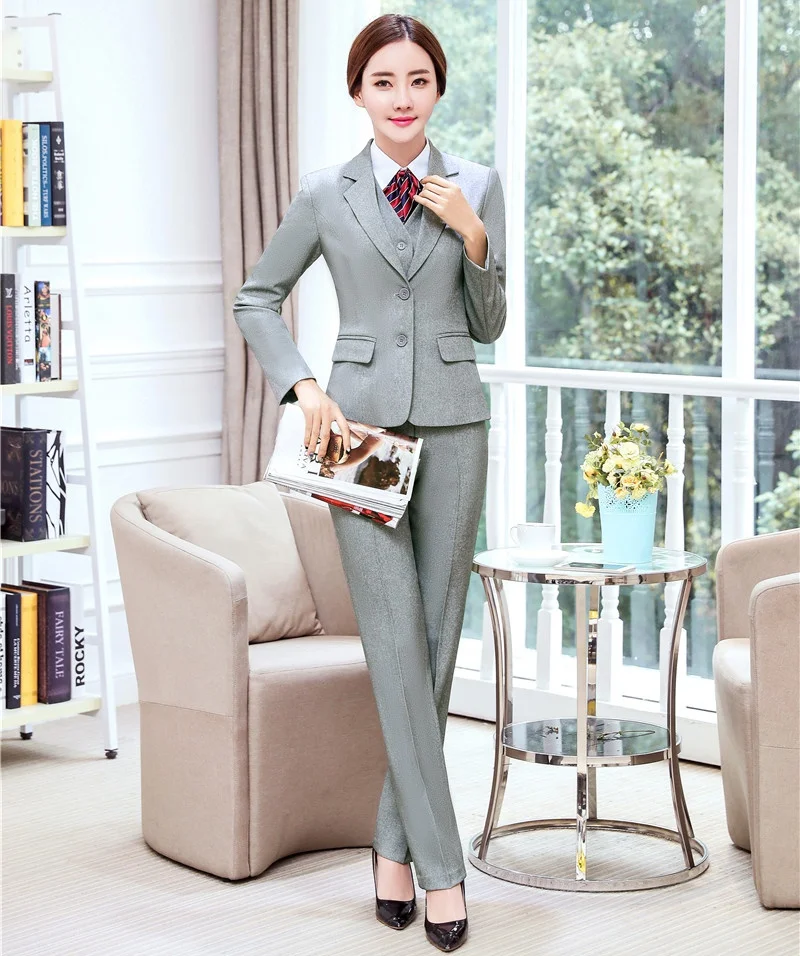 Формальные женские деловые женские костюмы 3 шт жилет, брюки и куртка комплект Дамы рабочая одежда жилет офисный униформенный стиль