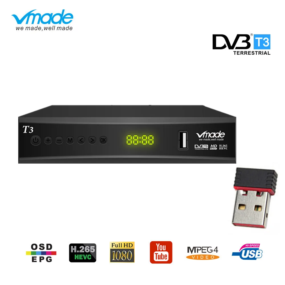 

Vmade DVB-T2 Tv tuner digital terrestrial receiver Full HD 1080P TV box Built-in Scart H.265 Dobly youtube DVB T3 with USB WIFI