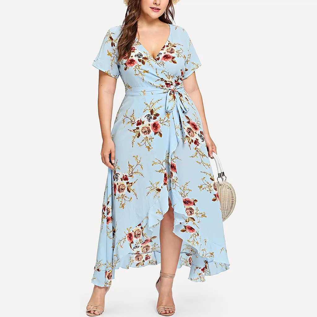 

Summer Women Dress 2019 Beach Dress Plus Size Women Casual Short Sleeve V-Neck Boho Flower Bohemian Party Maxi Dress