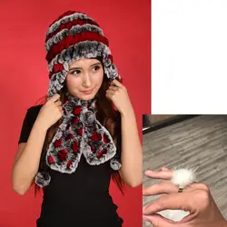 Меховые шапки с ушками для женщин Зимний теплый комплект из натурального меха кролика рекс шапка с цветочным клетчатым шарфом из