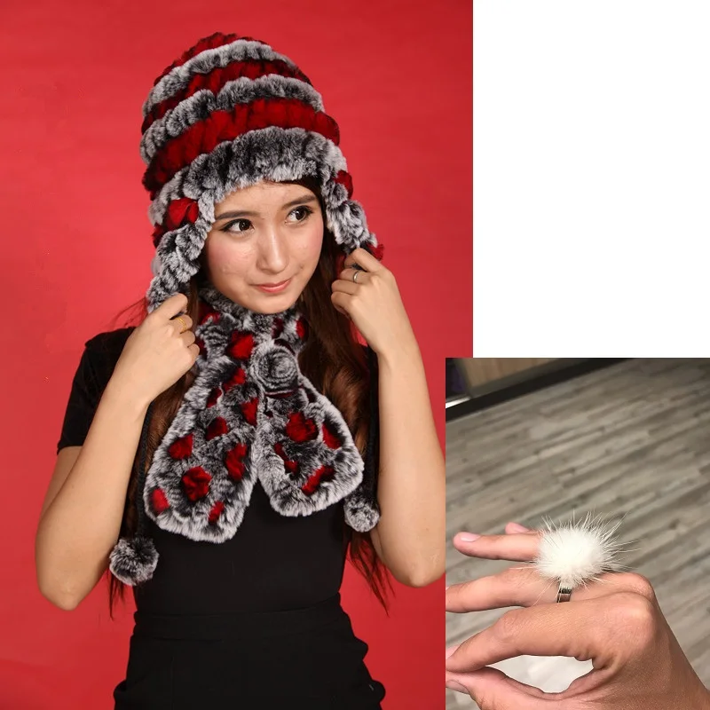 

Earflap fur hats for women winter warm set of real rex rabbit fur hat with floral plaid scarf natural mink fur ring H160