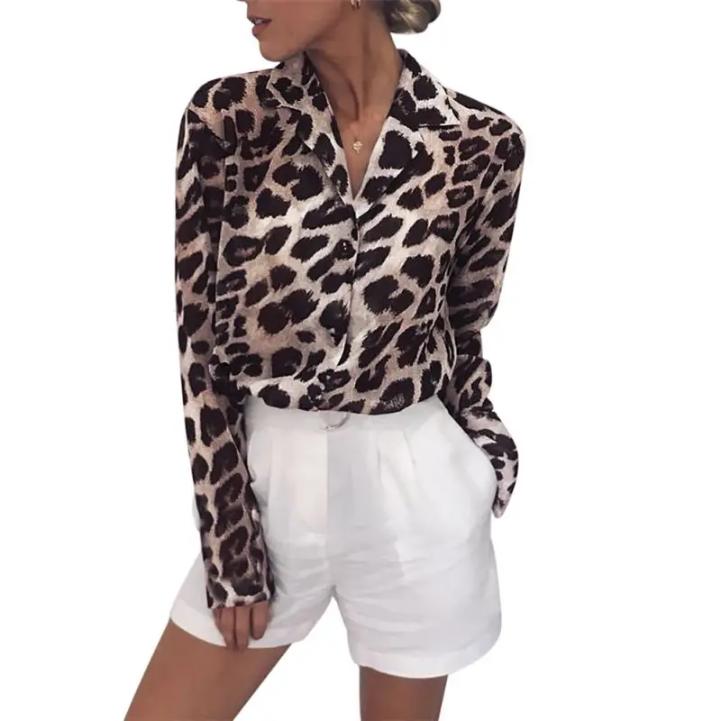

Women Blouse Fashion Leopard Printed Shirt Casual Long Sleeve V -Neck Top Women's Clothing Chiffon Shirt Camisa Feminina