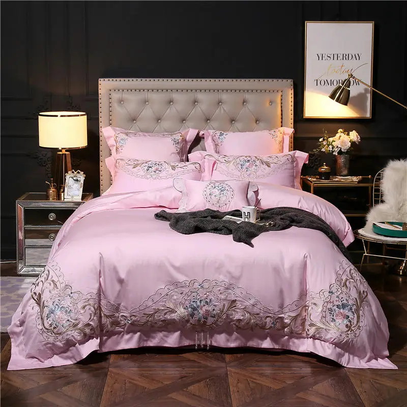 Luxury Pink Blue Bedding Set King Queen Size Bed Set Embroidery