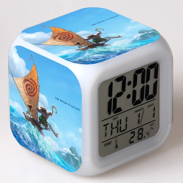 Moana Princess цифровые часы светодиодный светильник horloge digitale будильники игрушки для детей Светящиеся 7 цветов Flash KLOK - Цвет: Черный