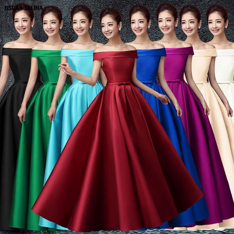 

Robe demoiselle d'honneur pour femme2019 new satin Boat Neck short sleeve burgundy blue green purple wedding guest dress long