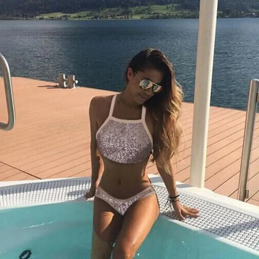 Sexy Girls  Swimwear Women Halter Bathing Suit  Set 2018 NEW Femme Bling Sequin Swimsuits Maay30
