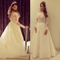 DZW373 одежда с длинным рукавом Vestido De Noiva 2019 мусульманское свадебное платье трапециевидной формы тюлевый кружевной накладной орнамент
