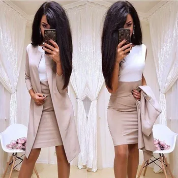 

2019 Women Formal Dress Suits O-Neck Long Blazer Jacket Sheath Dress Patchwork 2 Piece Sets Business Office Lady Outfits