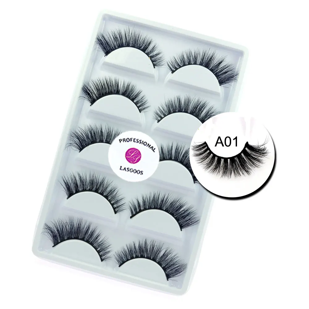 

LASGOOS 5 Pairs 100% Real Mink Short Messy Winged Cross 3D Daily Use False Eyelashes for Eye Makeup A01
