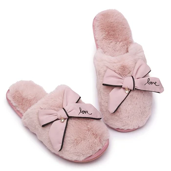 

2019 Winter Home Shoes Soft Fur Bow Tie Slippers Fluffy Slippers Indoor Bedroom Slippers Casual Slip On House Shoes Women