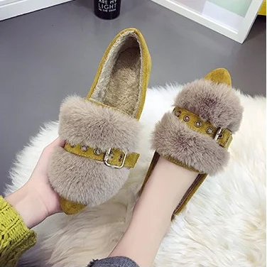 

MoBeiNi Fur shoes women's shoes 2018 autumn and winter new flat cotton shoes winter plus velvet peas shoes snow boots booties