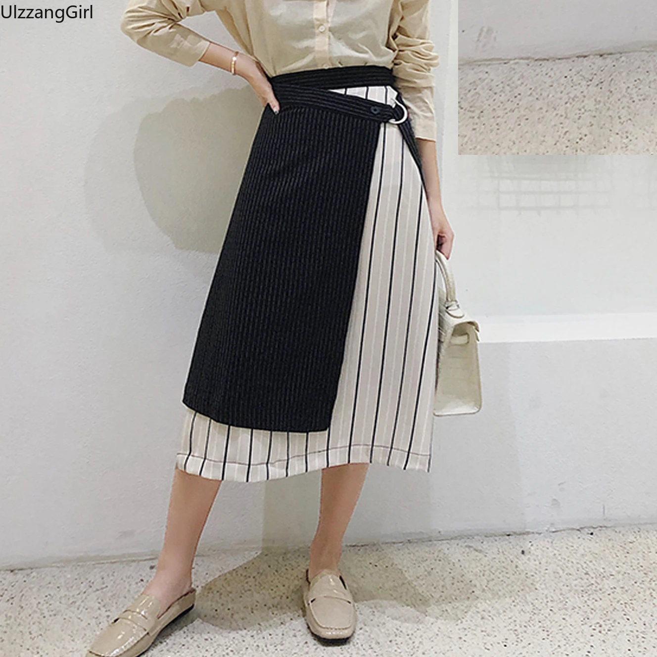 

Elegant High Waist Tie Bow Belt Sashes Patchwork Asymmetry Irregular Striped Midi Long Skirt Korean Women Office A-Line Vintage