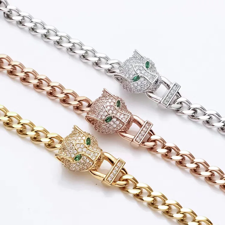 

Quality Quality Titanium Steel Jewelry Rhinestone Leopard Head Thick Bracelet Ladies Version Of Thick Bracelet Couple Jewelry