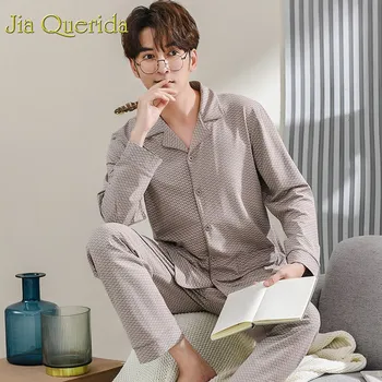 

Set Pyjama Homme 2019 Spring New 100% Cotton Plus Size Men Lapel Cardigan Button Pyjama Homme Long Sleeves Coton Pijama For Men