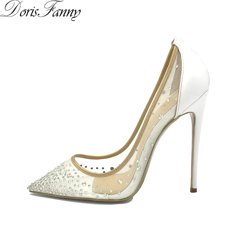 Doris Fanny/туфли-лодочки со стразами; белые женские туфли на каблуке с острым носком; дизайнерская женская обувь; свадебные туфли на каблуке-шпильке с кристаллами