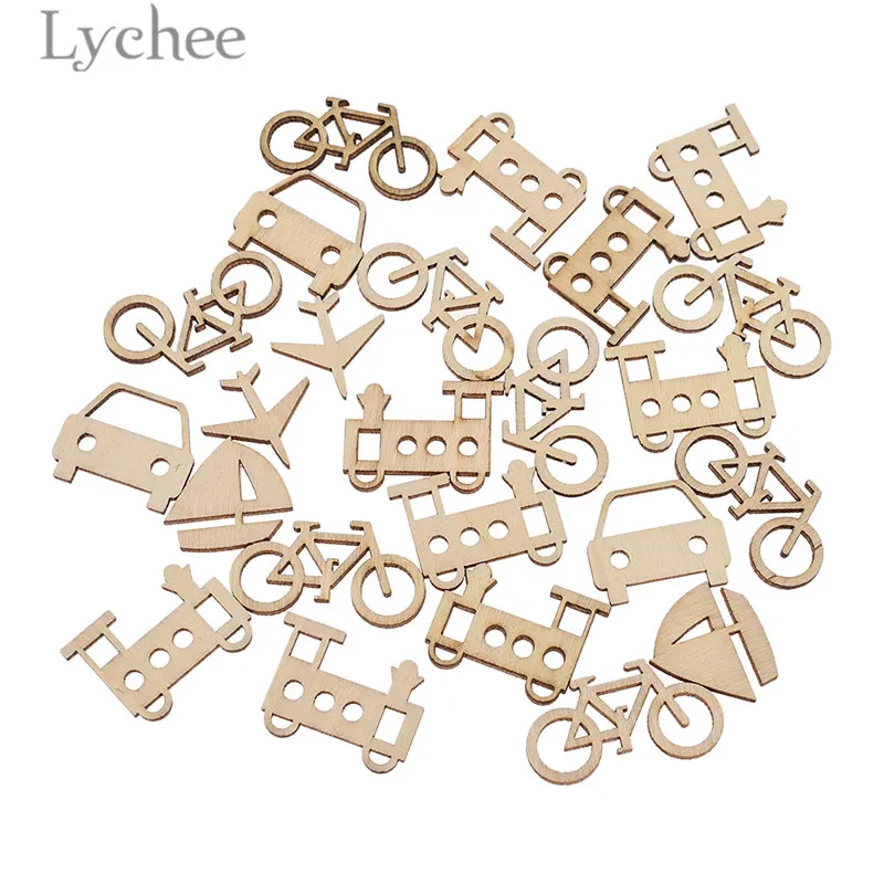 

Lychee 24pcs Mixed Transportation Natural Wood Bike Car Plane Design Wood DIY Handmade Crafts Decoration