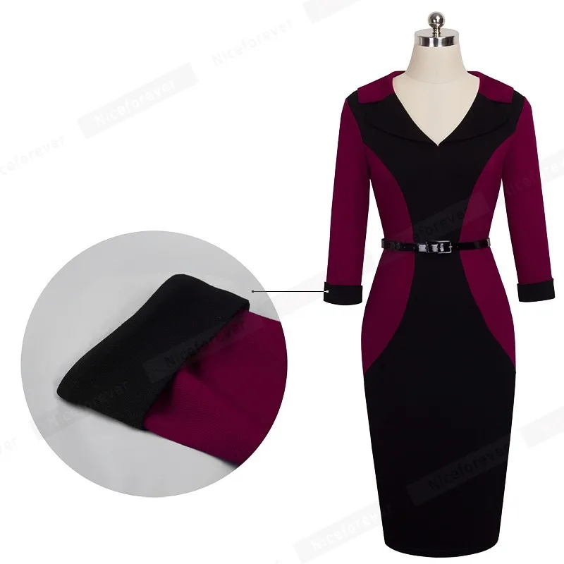Хорошее-forever лоскутное винтажное элегантное офисное платье с v-образным вырезом облегающее платье с отложным рукавом для работы с поясом женское платье-карандаш B354