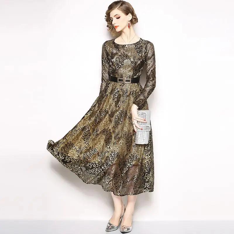 Borisovich Ladies Elegant Party Dresses New Brand Autumn Fashion Vintage Big Swing A-line Women Casual Lace Long Dress N240 - Цвет: Golden