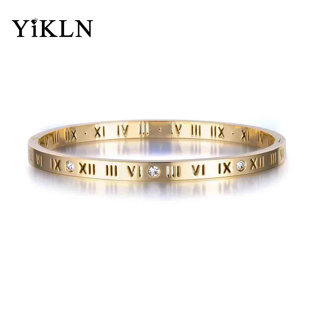 

YiKLN New Roman Numerals Bangles & Bracelets Jewelry Rose Gold/Gold/Silver Stainless Steel Cubic Zirconia Wedding Bangle YB17050
