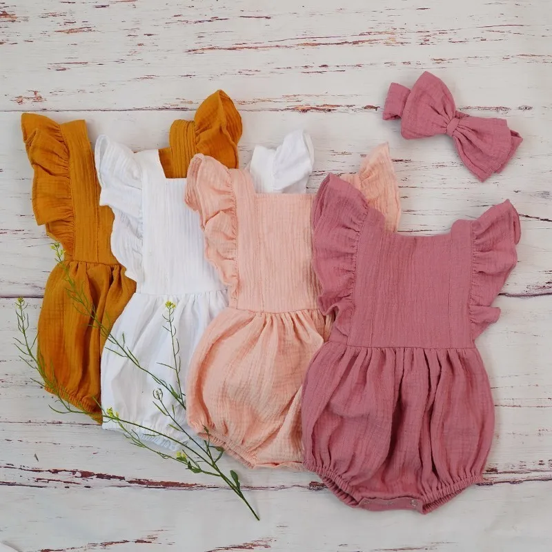 

Organic Cotton Baby Girl Clothes Summer New Double Gauze Kids Ruffle Romper Jumpsuit Headband Dusty Pink Playsuit For Newborn 3M