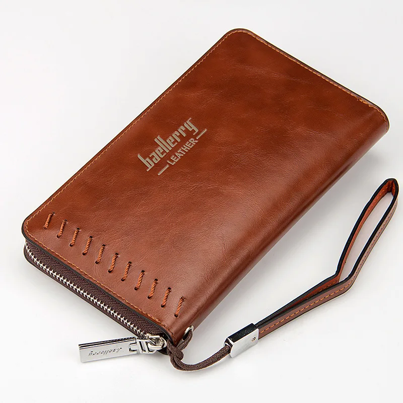 Vintage Long Men Wallet PU Leather Purse for Men Large Capaciry Money Bag Thread Male Clutch Wallets Zipper Card Holder Wallet - Color: Coffee