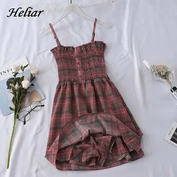 

HELIAR Playsuits Female Rompers Pleated Spaghetti Plaids Playsuits Button Rompers Elastic Cheast Lady 2019 Summer Playsuits