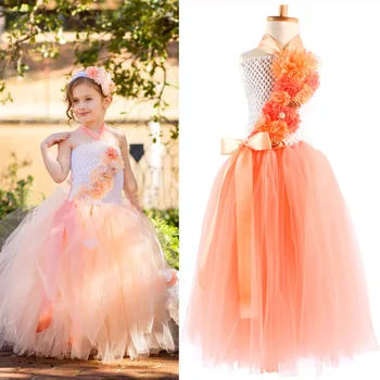 

Girls Dress Kids Cloth Orange Crochet Long Flower Tutu Dress Ball Gown with Ribbon Bow and Headband Children Wedding Party Tutus